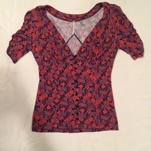 Floral Deep-V Puff Sleeve Blouse